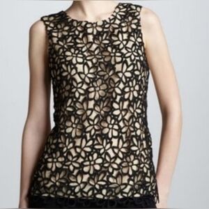 Neiman Marcus Black Floral Overlay Sleeveless Blouse